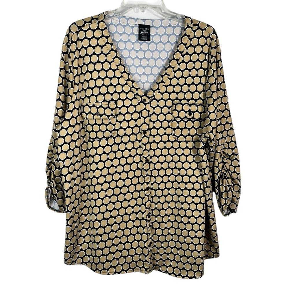 George Women's Plus Size No-Iron Slinky Stretch Knit Beige Polka Dot Henley Top